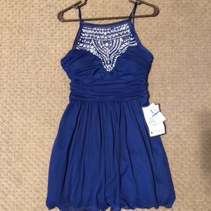 blue embroidered homecoming dress